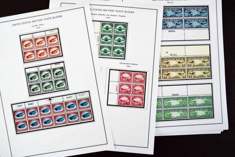 COLOR PRINTED USA AIRMAIL PLATE BLOCKS 1918-2012 STAMP ALBUM PAGES (50 il pages)