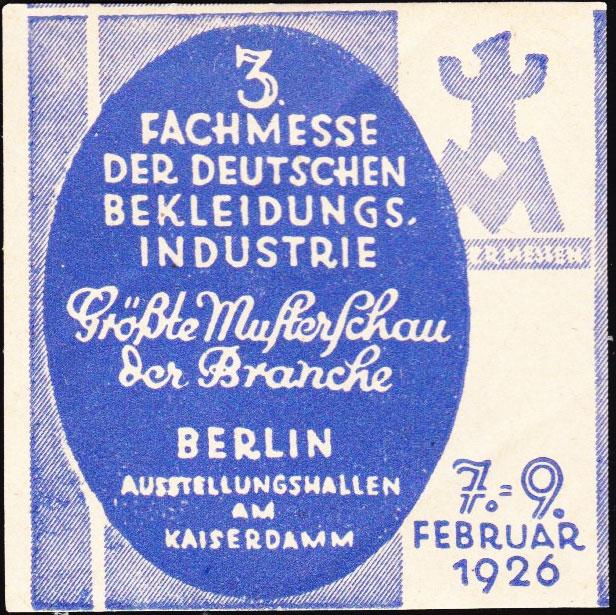 Germany  Berlin Garment Industry Trade Fair Label Unused with crease.