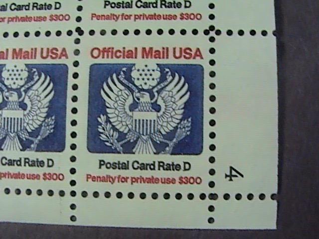 U.S.# O138-MINT/NH-LR PLATE # BLOCK OF 4--POSTAL CARD RATE D- OFFICIAL-P#4-1985