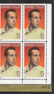 US#3152  32c Humphrey Bogart  plate block of 4 (MNH) CV $3.50