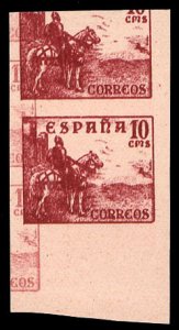 Spain #643P, 1936 El Cid, 10c imperf. proof in rose on thin card, vertical pa...