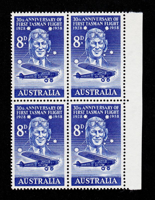 AUSTRALIA #310 SIR CHARLES KINGSFORD SMITH SOUTHERN CROSS 1958 BLK OF 4 MNH-OG