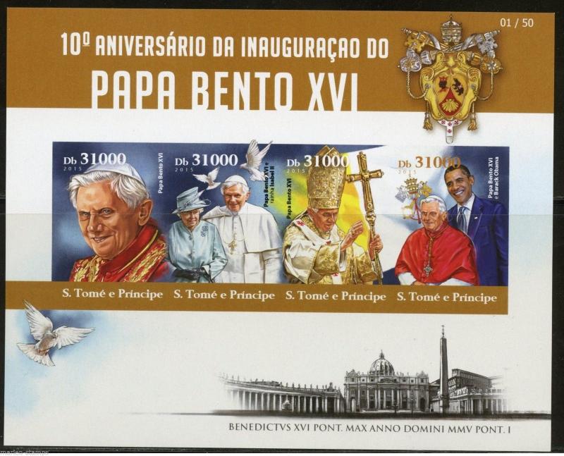 SAO TOME  2015  POPE BENEDICT XVI 10th INAUGURAL ANN WITH OBAMA SHT IMP  MINT NH