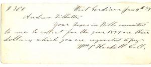 1877 Handwritten Tax Bill for $3.00,  West Gardiner, Ma