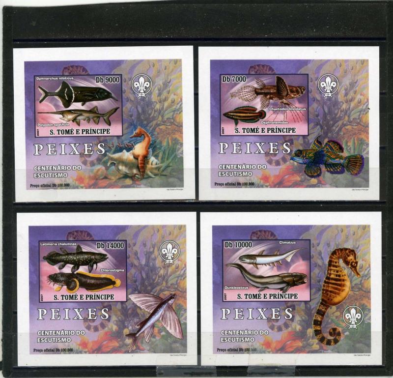 ST.THOMAS & PRINCE 2007 FISH SET OF 4 DELUXE S/S MNH