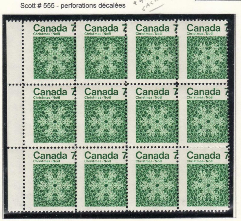 CANADA # 555 7cts CHRISTMAS BLOCK OF 12 MISPERFED CAT VALUE $120