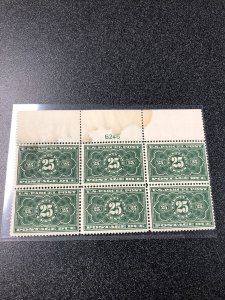 US 1913 #JQ5 Plate Block of 6-VF-NH.  Small Spill Affecting 1 Stamp & Selvedge.