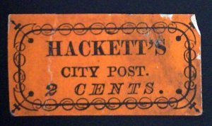 Hackett's City Post - 2c Black on Vermilion - Bogus 1 - Faults