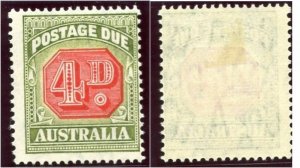 Australia 1938 KGVI Postage Due 4d carmine & green MLH SG D116. Sc J68.