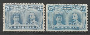 RHODESIA 1910 KGV DOUBLE HEAD 21/2D 2 SHADES PERF 14