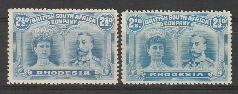 RHODESIA 1910 KGV DOUBLE HEAD 21/2D 2 SHADES PERF 14