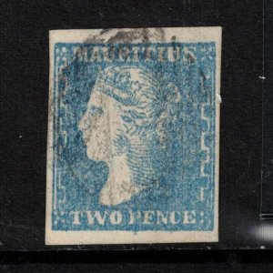 Mauritius #17 (SG #44) Very Fine Used 2d Pale Blue Showing Watermark RR Variety