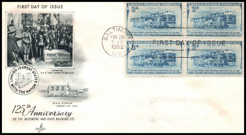 US 1006 B & O Railroad Block of Four Artcraft Pencil FDC