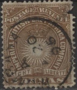 British East Africa 19 (used filler, torn gap ur) 4a sun & crown, yel brn (1890)