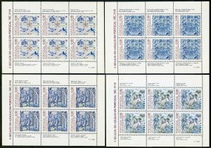 Portugal 1563a-1566a sheets, 1466b, MNH. Tiles 1983. Hunting scene,Birds,Flowers