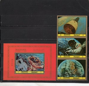 MANAMA 1972 SPACE RESEARCH STRIP OF 3 STAMPS & S/S MNH