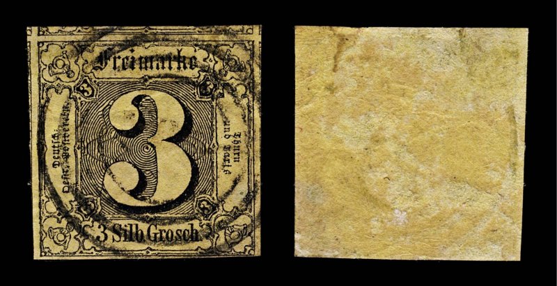 4209: Thurn and Taxis SG11 3 Groschen Black on Yellow. 1852. Sc#7 Mi6a Fine U...