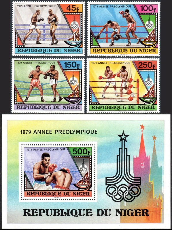 Niger 484-487,488 S/S, MNH. Pre-Olympic,Moscow.Boxers,Flame,Olympic Emblem, 1979