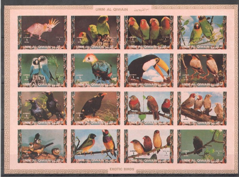 O0595 Imperf Umm-Al-Qiwain Fauna Exotic Birds Parrots Toucans 1Sh Mnh