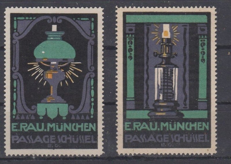 German Advertising Stamps - History of Lighting Series, E. Rau Co., München