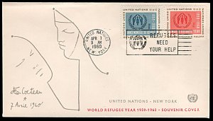 United Nations 75-76, Souvenir Cover, World Refugee Year, Jean Cocteau cachet