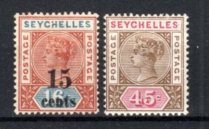 Seychelles 1893 15c on 16c surcharge and 45c Queen Victoria SG 19 and 25 MH