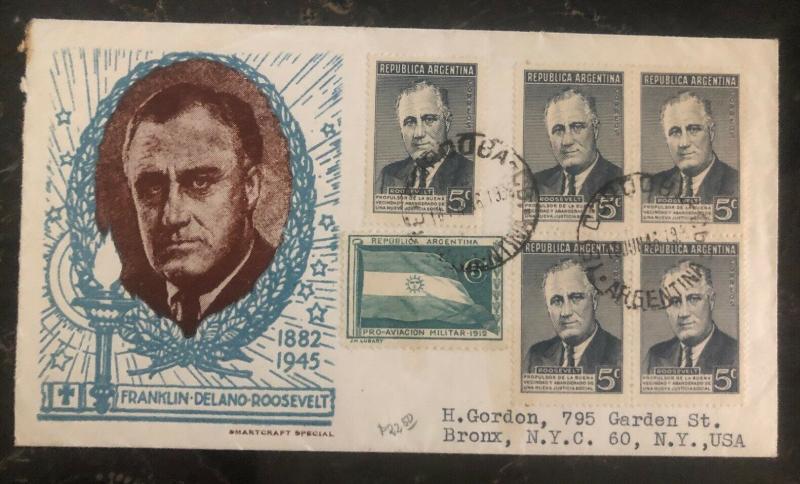 1946 Cordoba Argentina First Day Cover FDC To Bronx NY USA F Roosevelt 