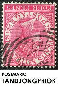 MALAYA STRAITS SETTLEMENTS QV 4c Used TANJONGPRIOK NETHERLANDS INDIES M2822