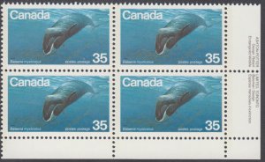 Canada - #814 Endangered Wildlife - Bowhead Whale Plate Block - MNH