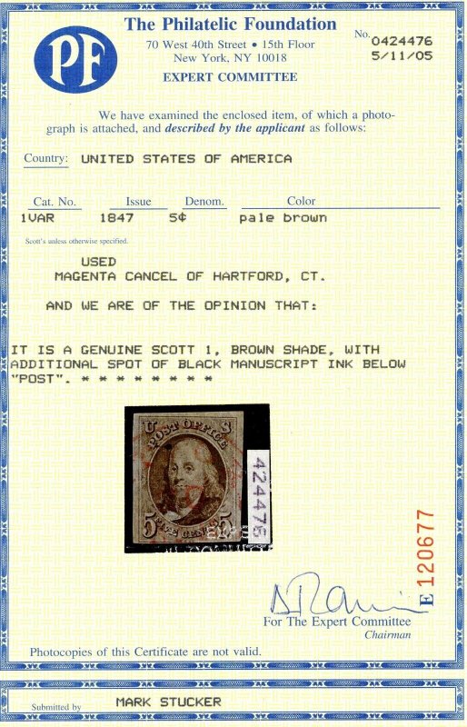 USAstamps Used VF US 1847 Franklin 1st Stamp Scott 1 Var +Magenta Cancel +Cert 