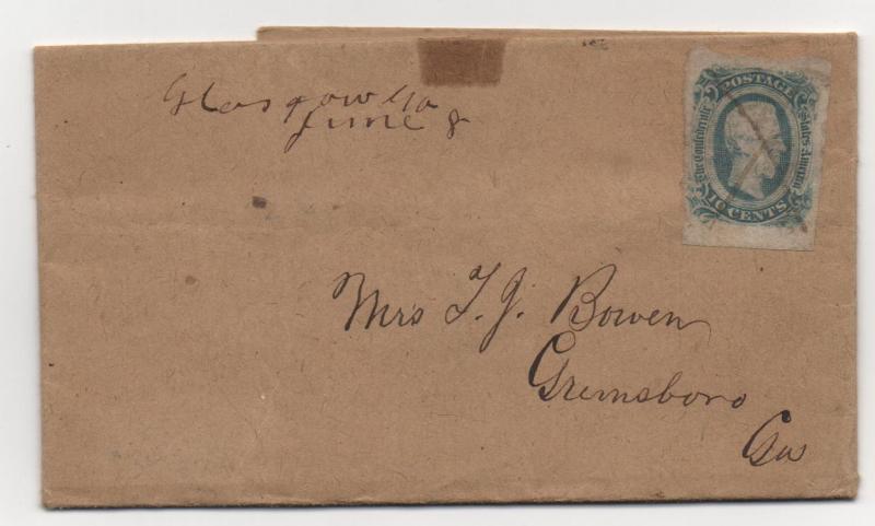 CSA Cover Scott #12 Glasgow GA June 9, 1863 M/S & 'X' Cancels