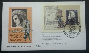Germany Mozart Musician 1991 Famous Music (miniature FDC) *addressed