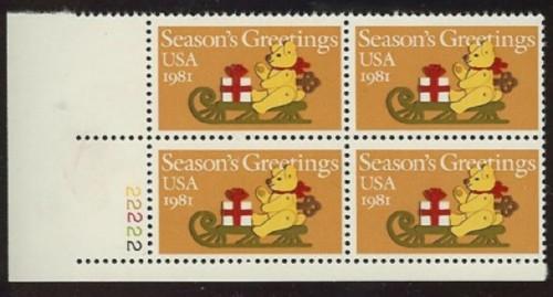 US Stamp #1940 MNH - Teddy Bear on Sleigh Non-Denominated Plate Block of 4