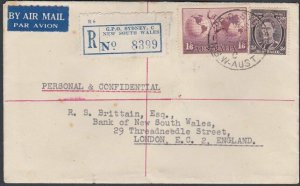 AUSTRALIA 1948 Registered airmail cover 1/9d rate Sydney to London..........K713