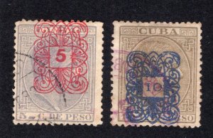 Cuba 1883 5 on 5c & 10 on 10c Surcharge, Scott 112-113 used, value = $14.00