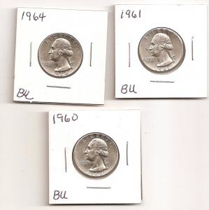 1960,1961,1964 BU Silver Washington Quarters