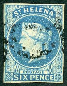 St Helena SG1 1856 QV 6d Blue Wmk Large Star Imperf VFU