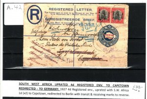 SOUTH WEST AFRICA Cover Registered Cape Town Forwarded GERMANY Berlin 1927 SA42 