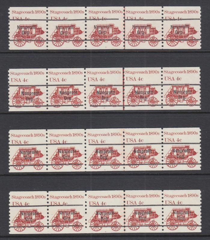 US Sc 1898Ab MNH. 1982 4c Stagecoach, cplt set of 4 diff Plate Coil Strips of 5