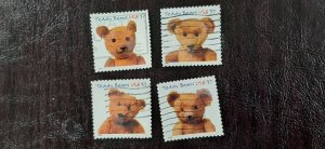 US Scott # 3653-3656; Four used 37c Teddy Bears from 2002; VF+ centering