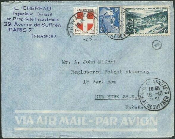 FRANCE 1951 Airmail cover to USA - nice franking...........................58123