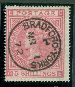 SG 126 5/- rose plate 1. Very fine used with a Bradford Yorks CDS, March 1st... 