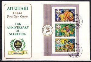 Aitutaki, Scott cat. 280-283. Scouting Anniversary s/sheet. First day cover.