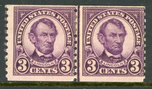 USA 1924 Fourth Bureau 3¢ Lincoln Perf 10 Vert Line Pair Scott # 600 Mint G674