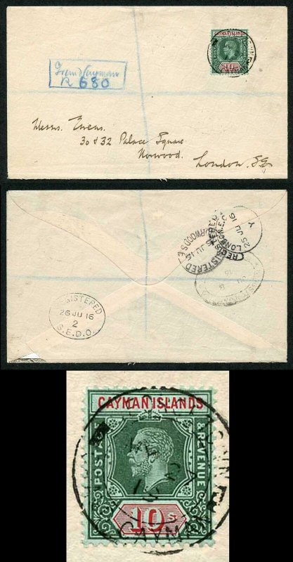 Cayman Is SG52 KGV 10/- Deep-green on Registered Ewens Cover Ex Marston