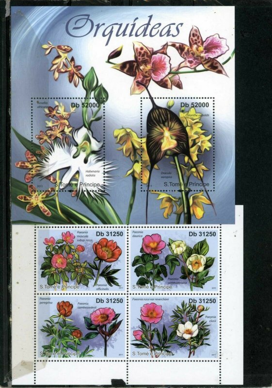 ST.THOMAS & PRINCE 2011 FLOWERS 2 SHEETS OF 2 & 4 STAMPS MNH 