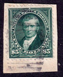 US Scott 278 (on piece) 1896 John Marshall, $5 dark green, USED