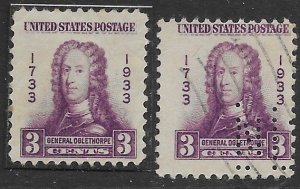 US #726 MNH & used. General Oglethorpe. Georgia Bicentennial.  Very nice pair.