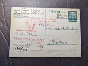 1940 Germany Poland WWII Red Cross Postcard Cover to Krakow