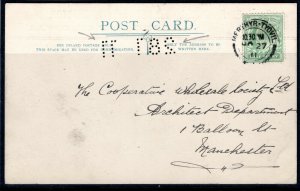 GB WALES Card *28 1 11* PERFIN ARRVIAL DATE Merthyr Tydfil Manchester 1911 PE280 